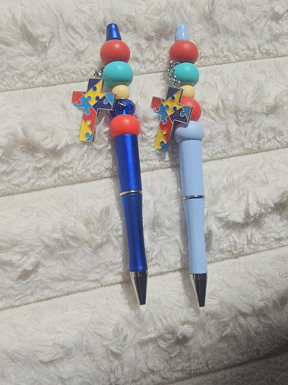 2 Colorful Beaded Charm Ballpoint Pens - Blue and Light Blue Autism Awareness